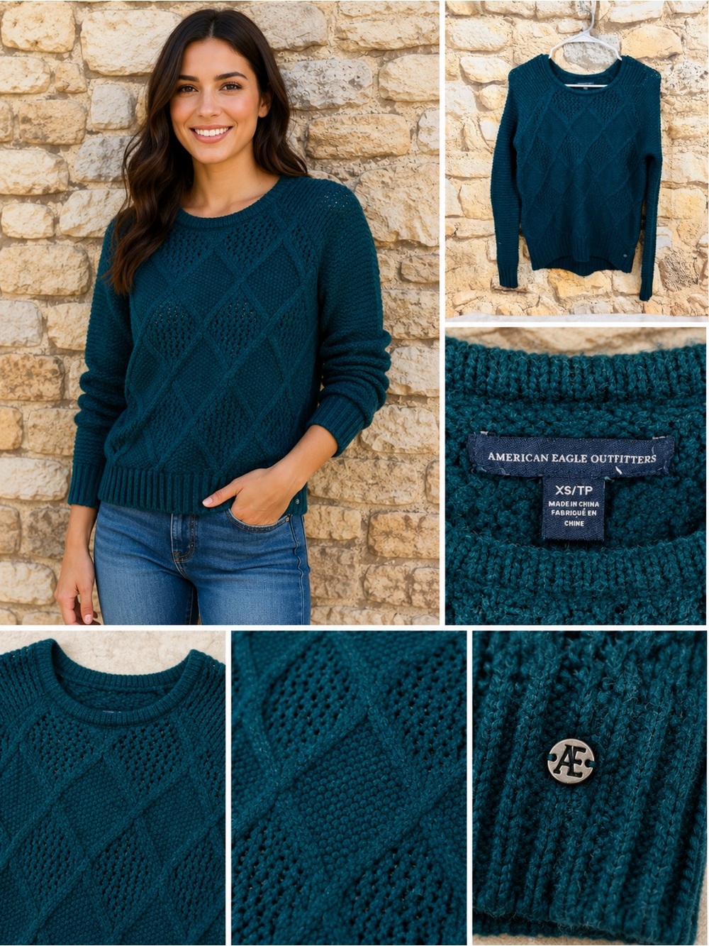 American Eagle Outfitters Teal Green Diamond Open Knit Sweater XS